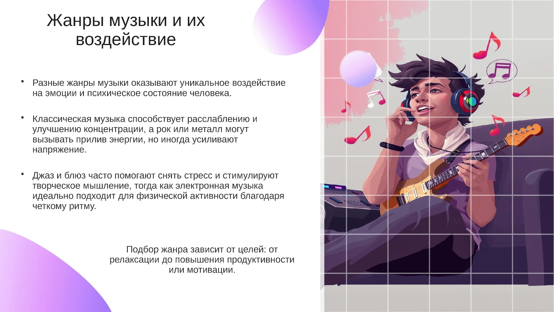 Жанры музыки и их воздействие - слайд для презентации на тему 