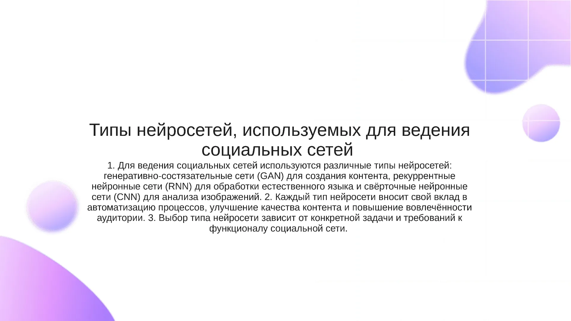 Типы нейросетей, используемых для ведения социальных сетей - слайд для презентации на тему 