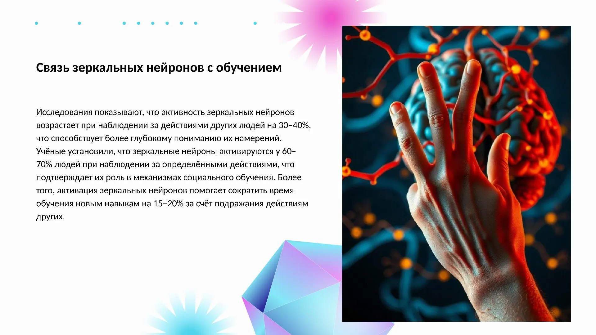 Связь зеркальных нейронов с обучением - слайд для презентации на тему 