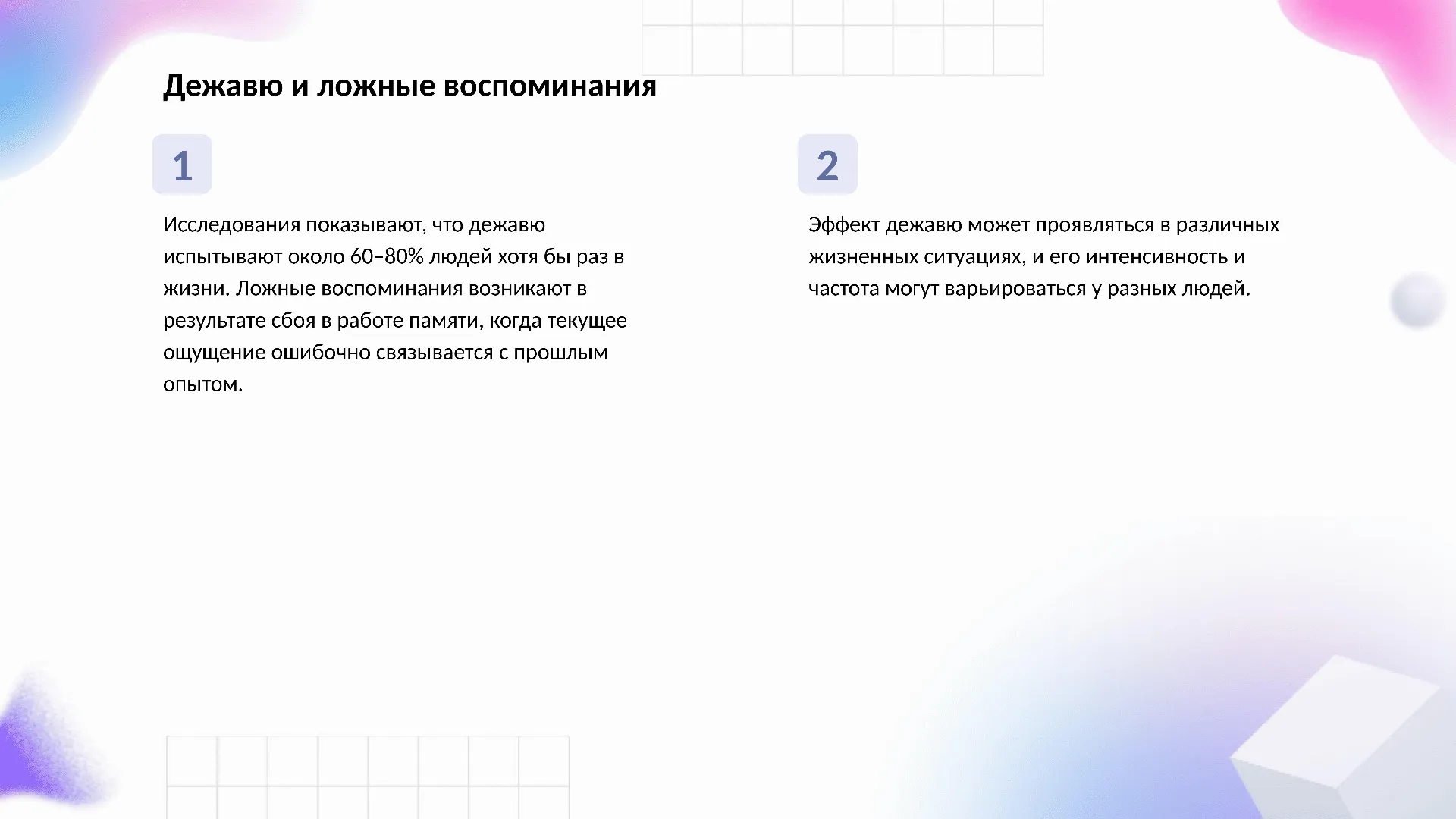Дежавю и ложные воспоминания - слайд для презентации на тему 