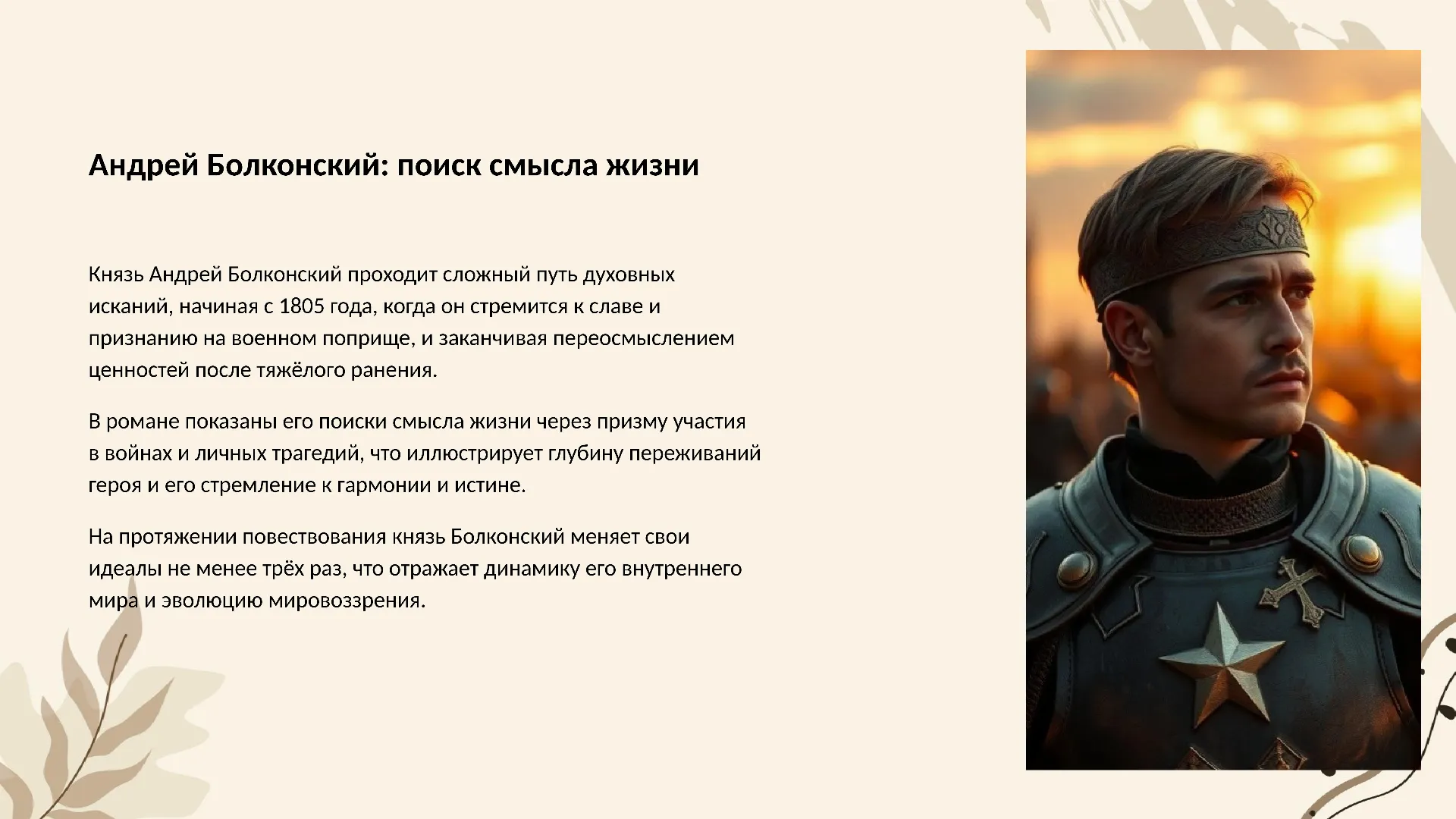Андрей Болконский: поиск смысла жизни - слайд для презентации на тему 