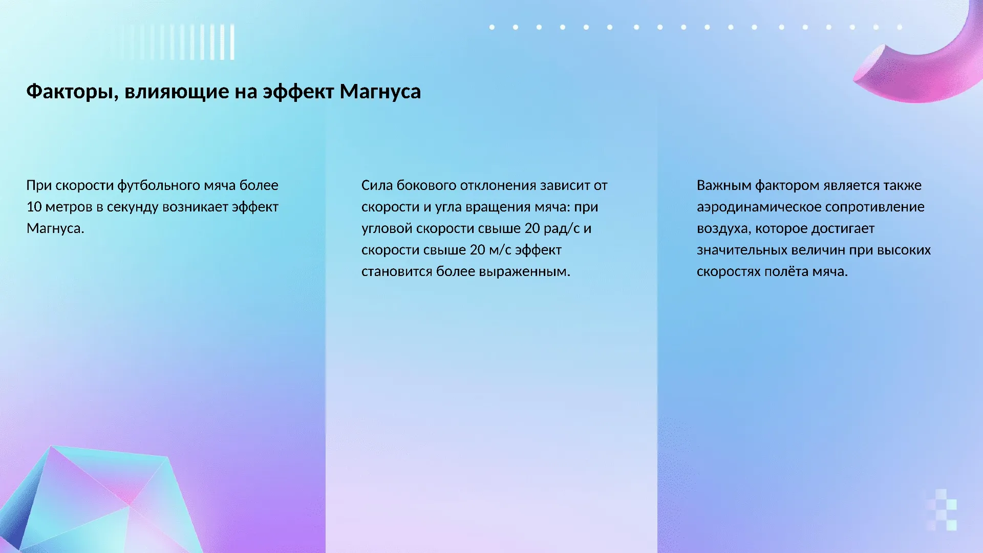 Факторы, влияющие на эффект Магнуса - слайд для презентации на тему 