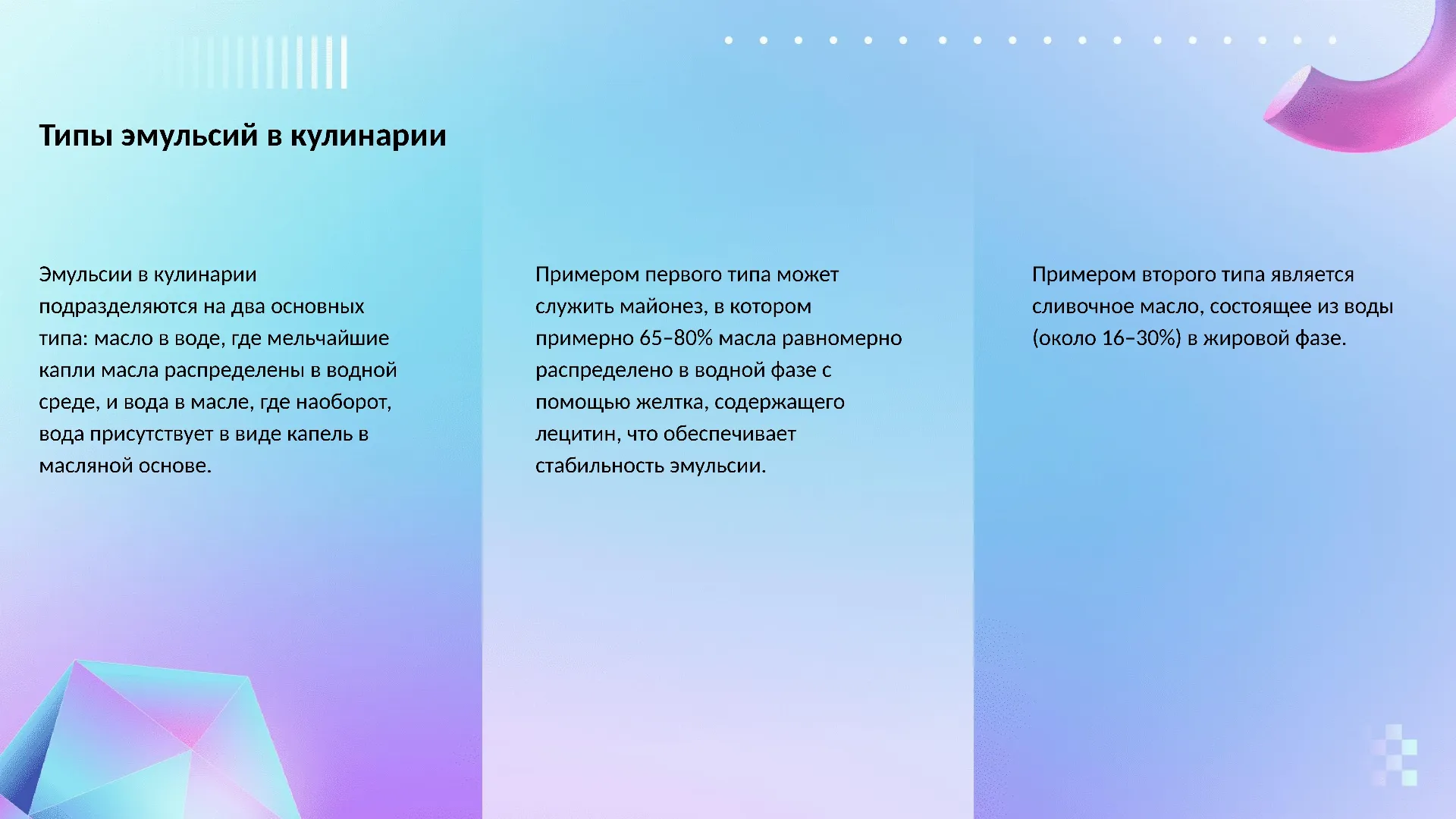 Типы эмульсий в кулинарии - слайд для презентации на тему 