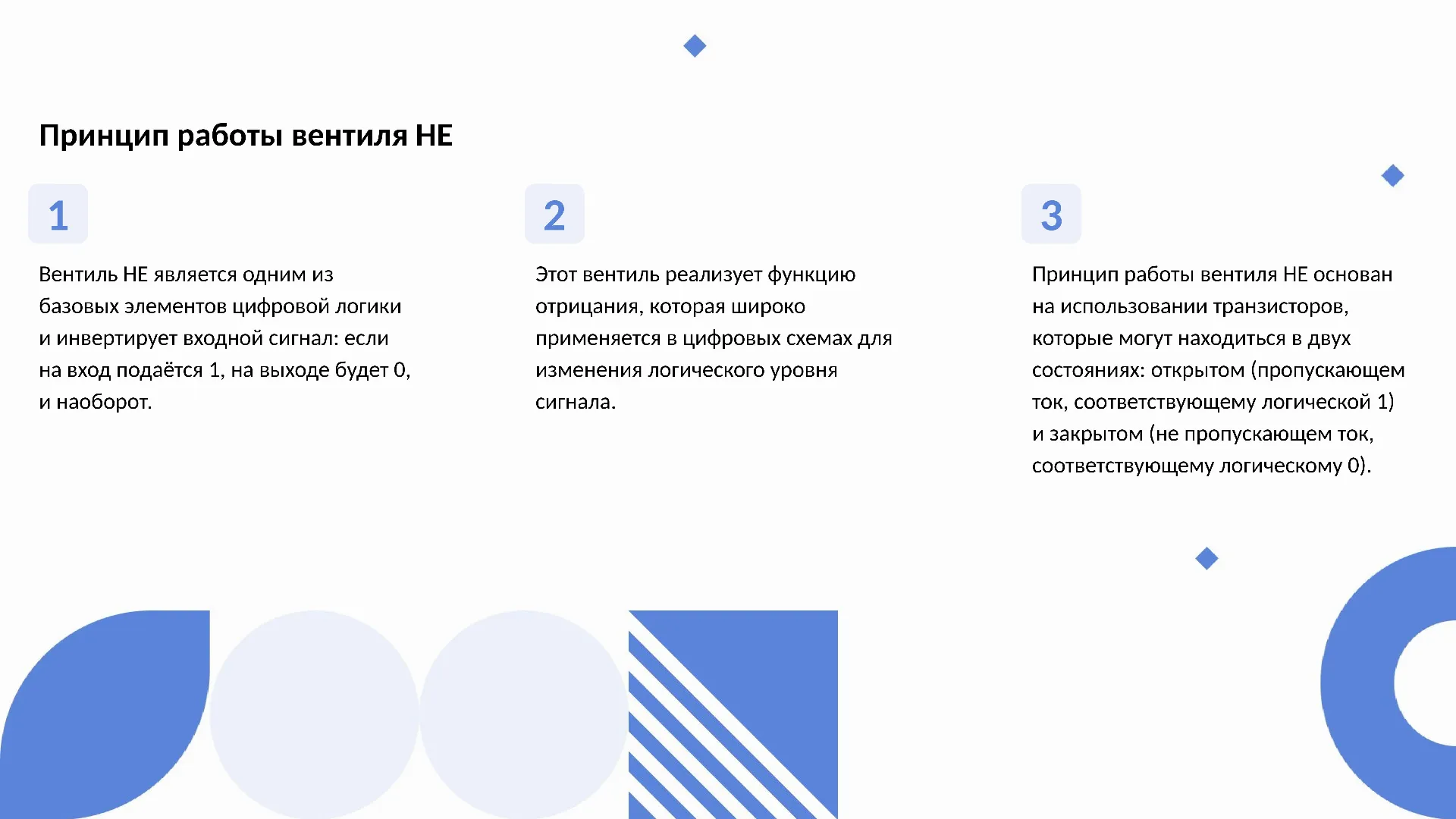 Принцип работы вентиля НЕ - слайд для презентации на тему 