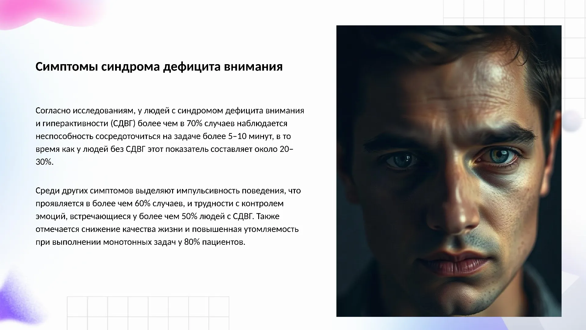 Симптомы синдрома дефицита внимания - слайд для презентации на тему 