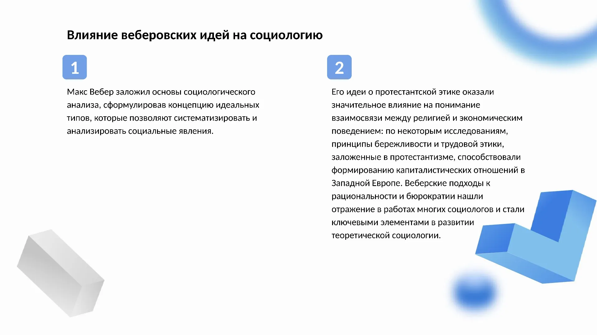 Влияние веберовских идей на социологию - слайд для презентации на тему 