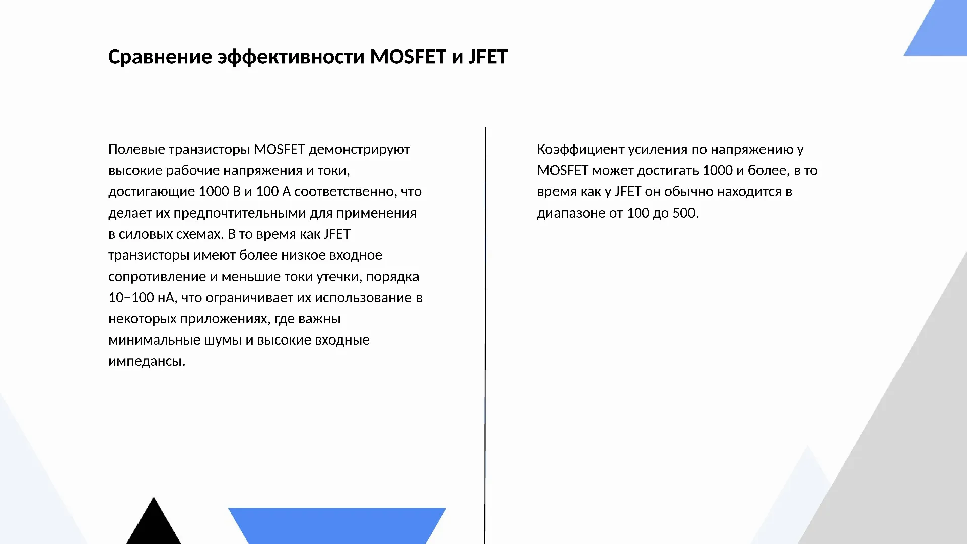 Сравнение эффективности MOSFET и JFET - слайд для презентации на тему 