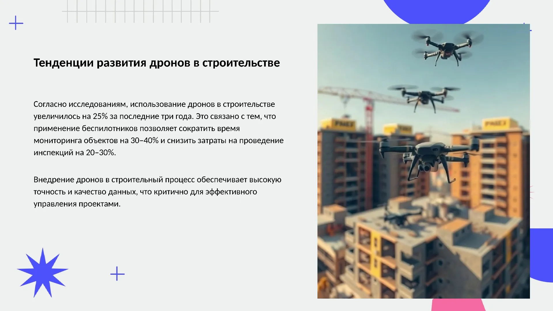 Тенденции развития дронов в строительстве - слайд для презентации на тему 