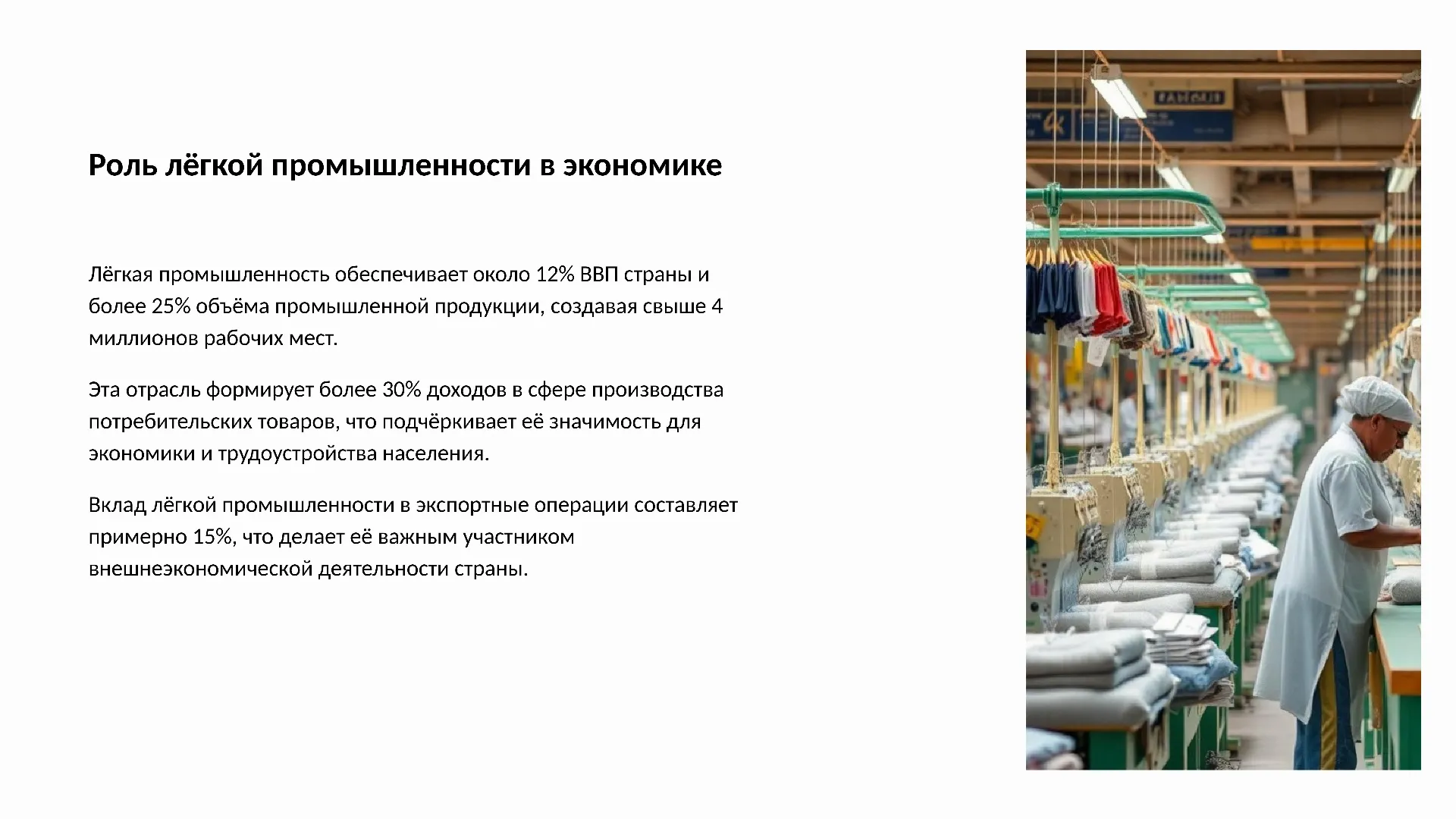 Роль лёгкой промышленности в экономике - слайд для презентации на тему 