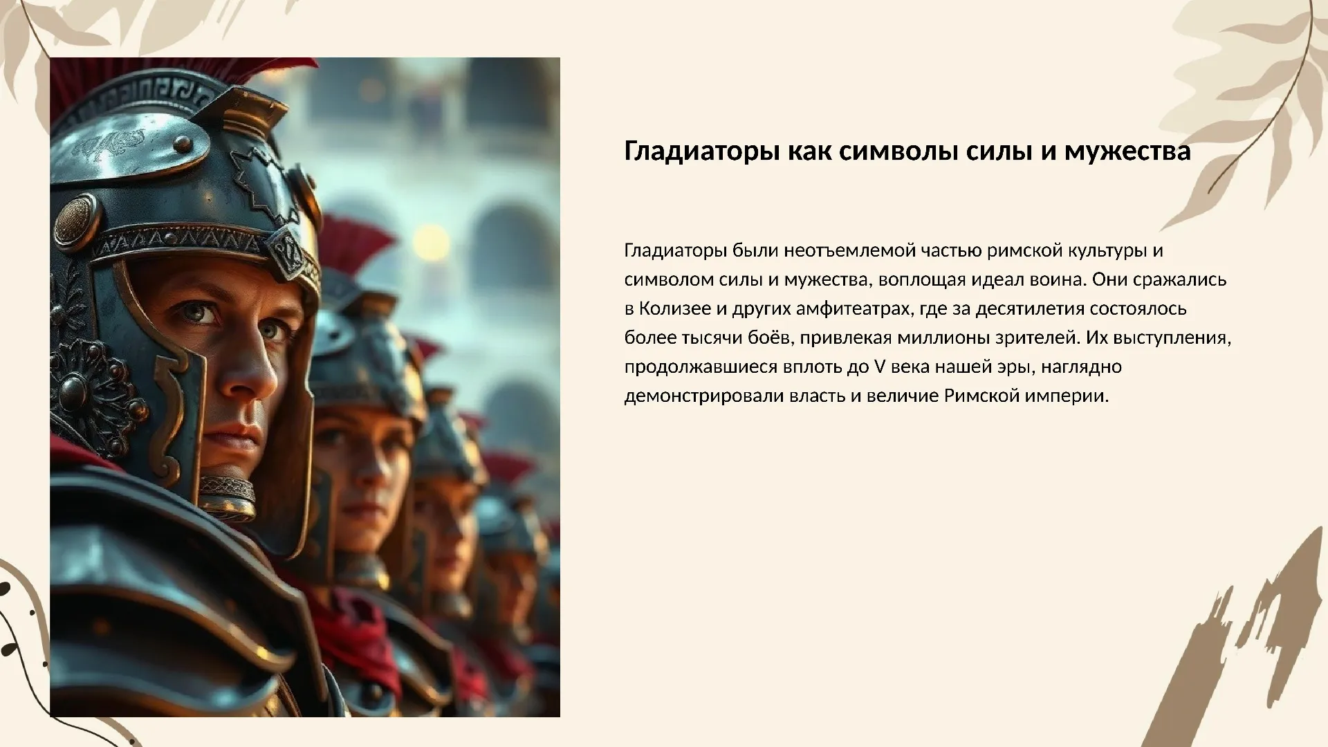 Гладиаторы как символы силы и мужества - слайд для презентации на тему 