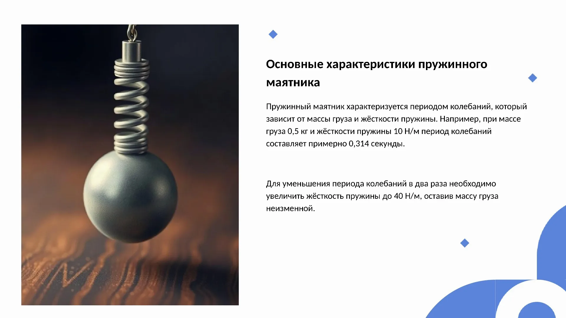 Основные характеристики пружинного маятника - слайд для презентации на тему 