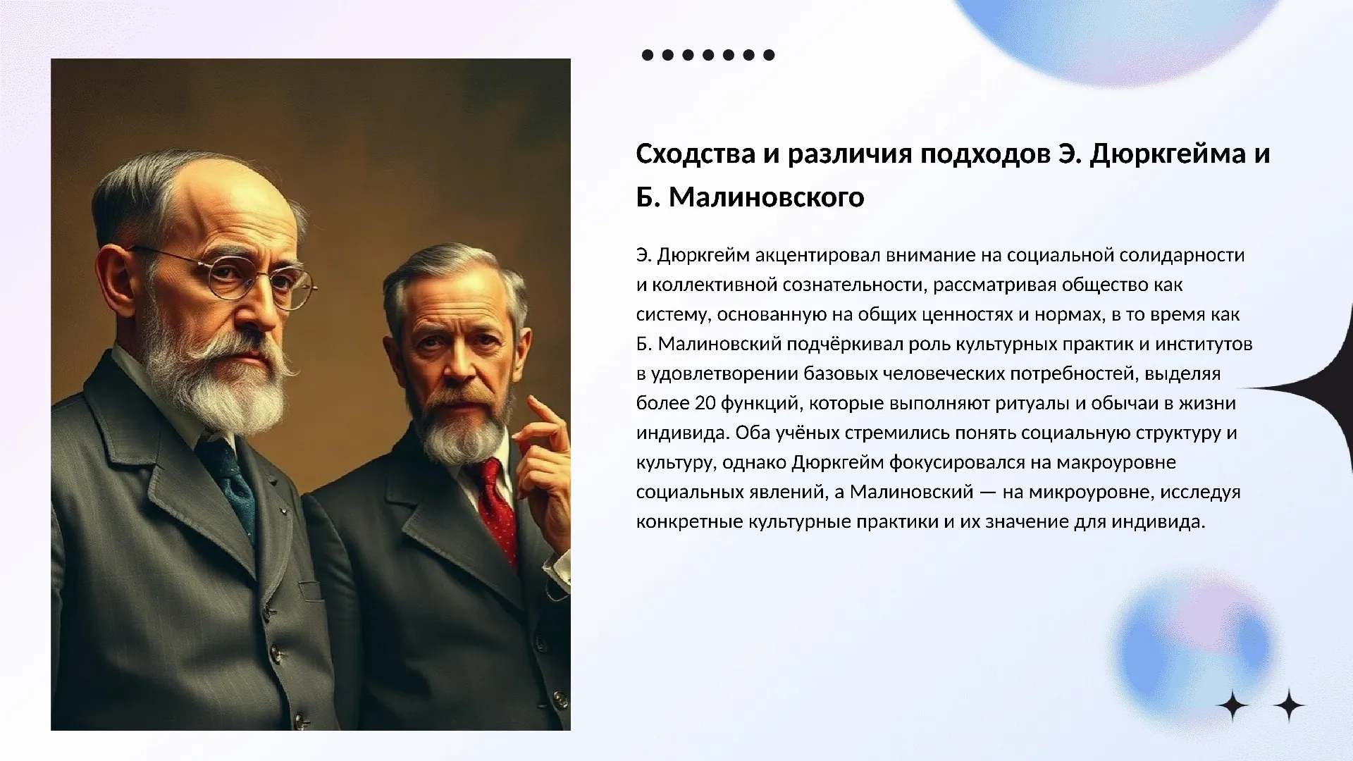 Сходства и различия подходов Э. Дюркгейма и Б. Малиновского - слайд для презентации на тему 