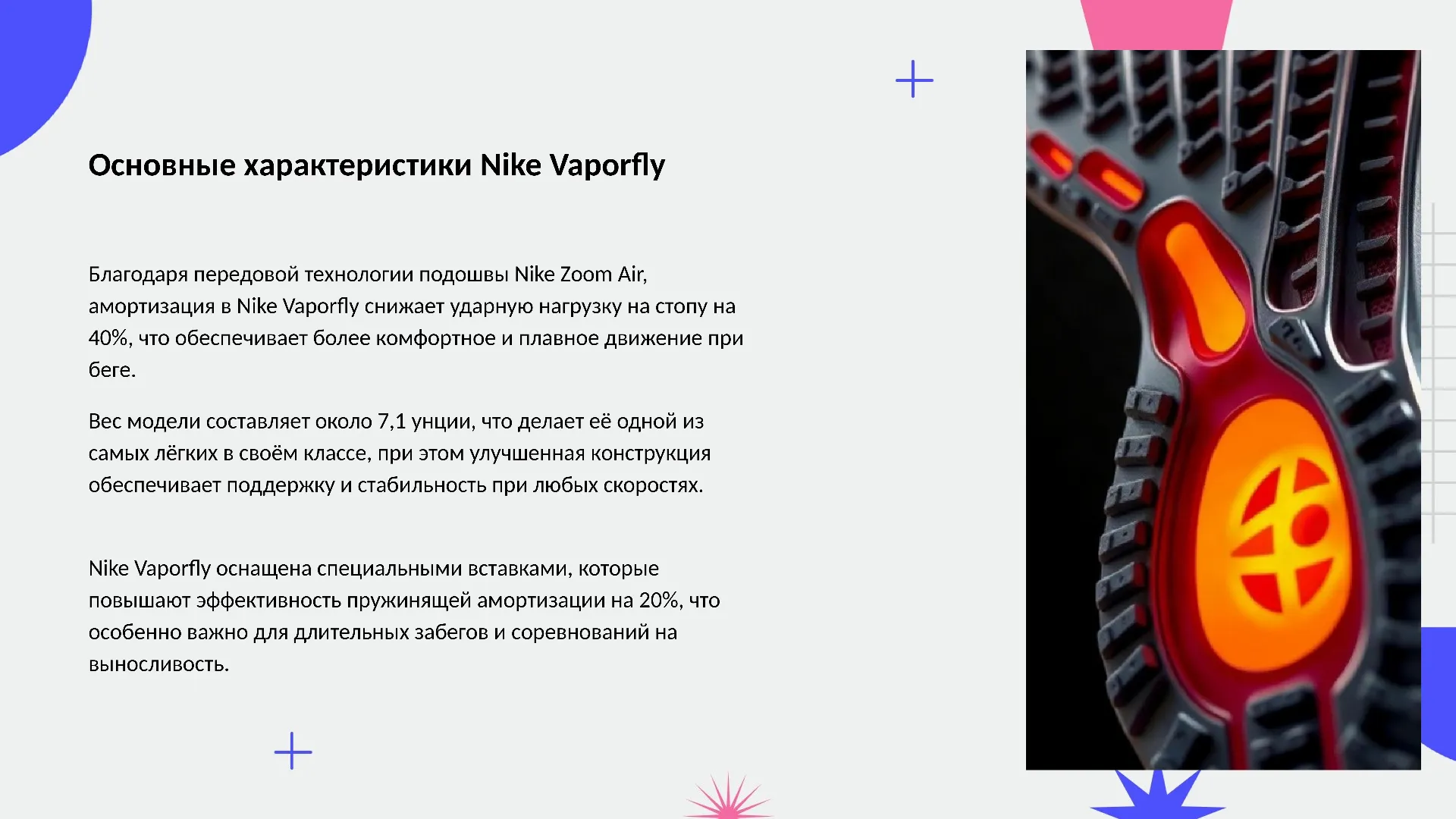 Основные характеристики Nike Vaporfly - слайд для презентации на тему 
