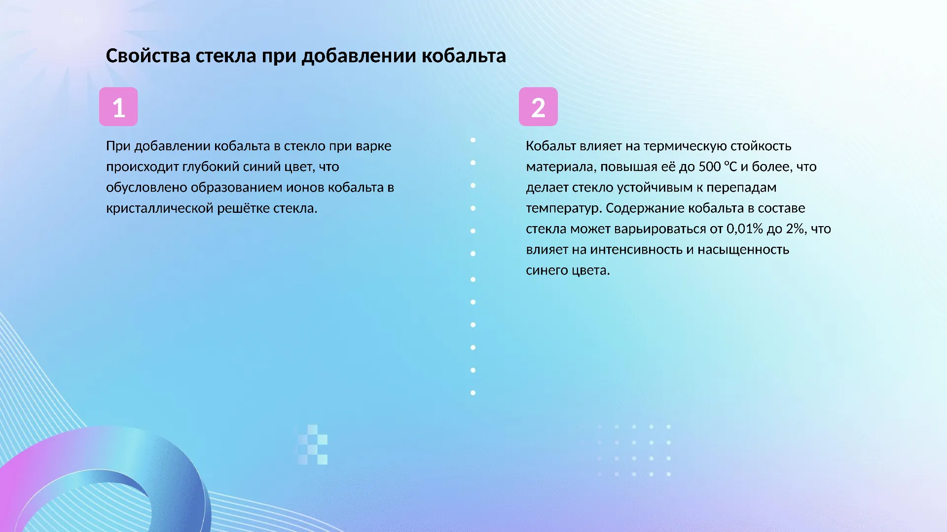 Свойства стекла при добавлении кобальта - слайд для презентации на тему 