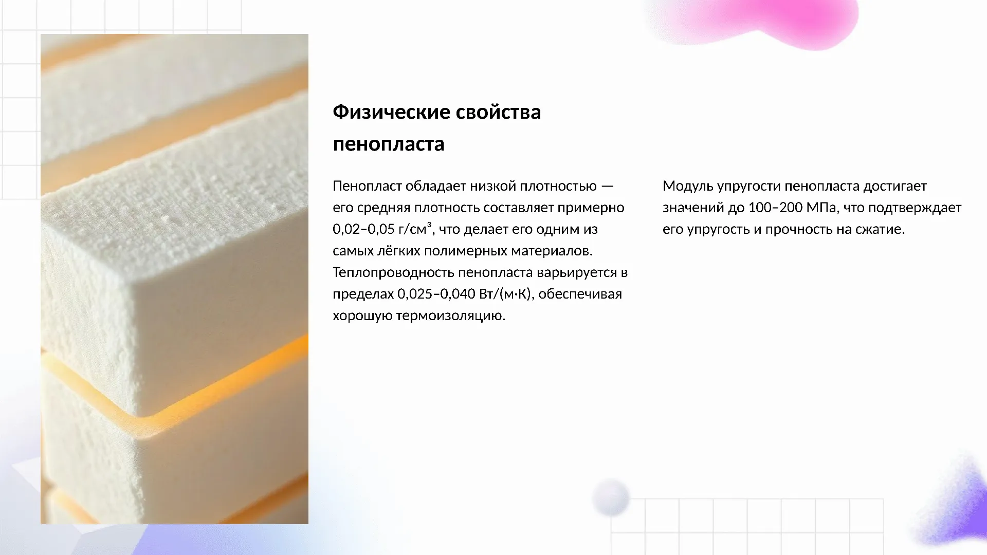 Физические свойства пенопласта - слайд для презентации на тему 