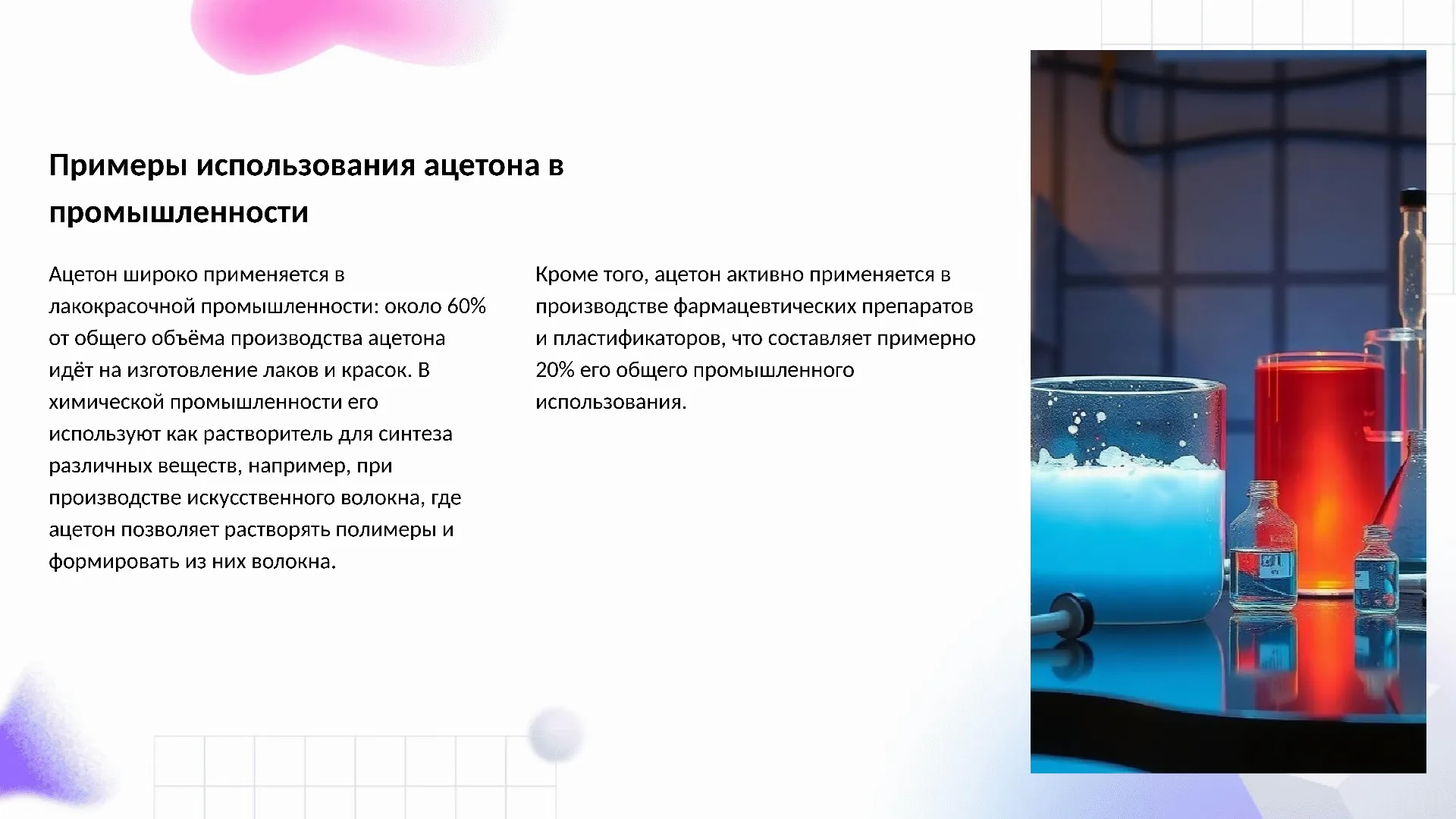 Примеры использования ацетона в промышленности - слайд для презентации на тему 
