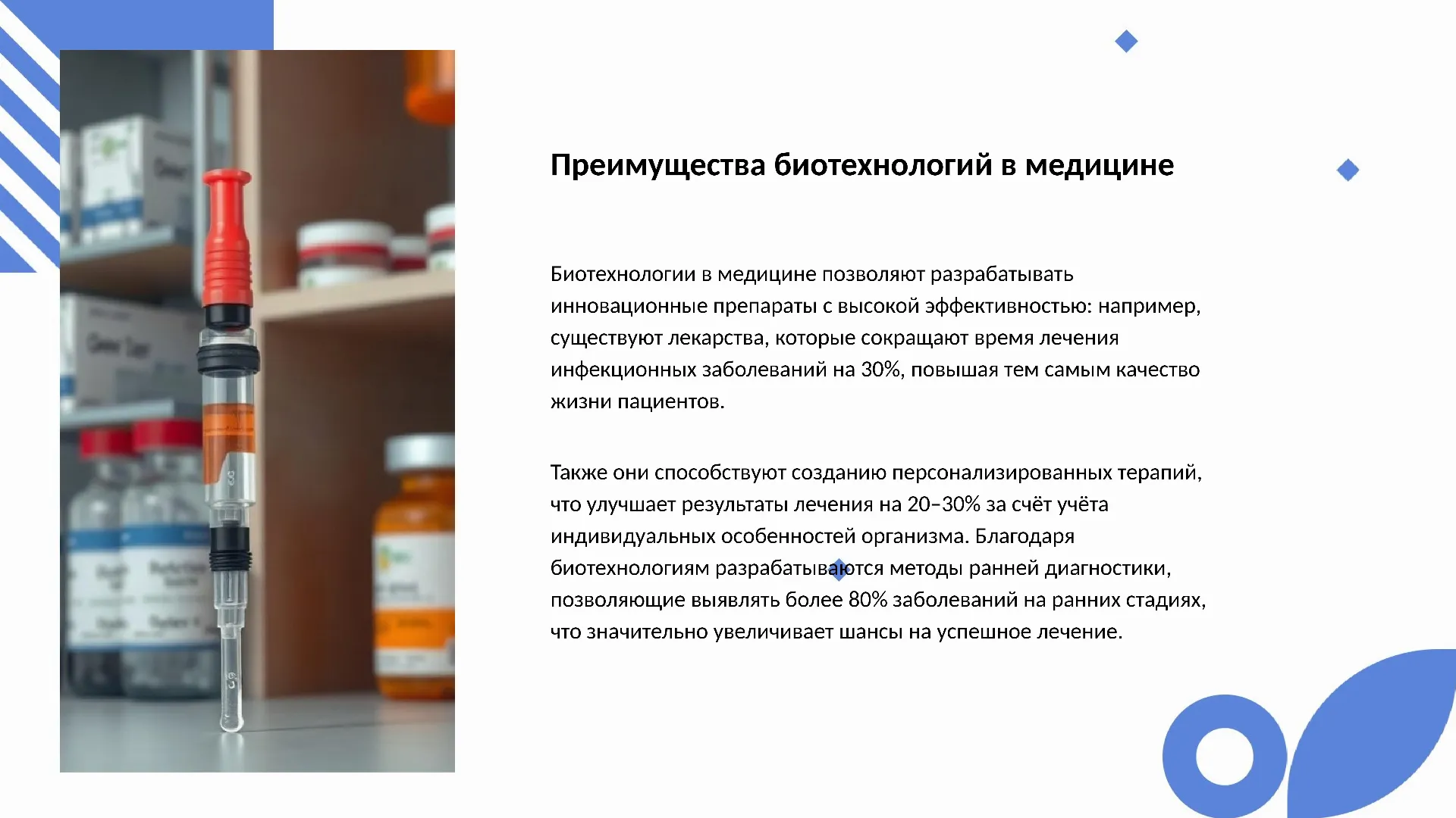 Преимущества биотехнологий в медицине - слайд для презентации на тему 