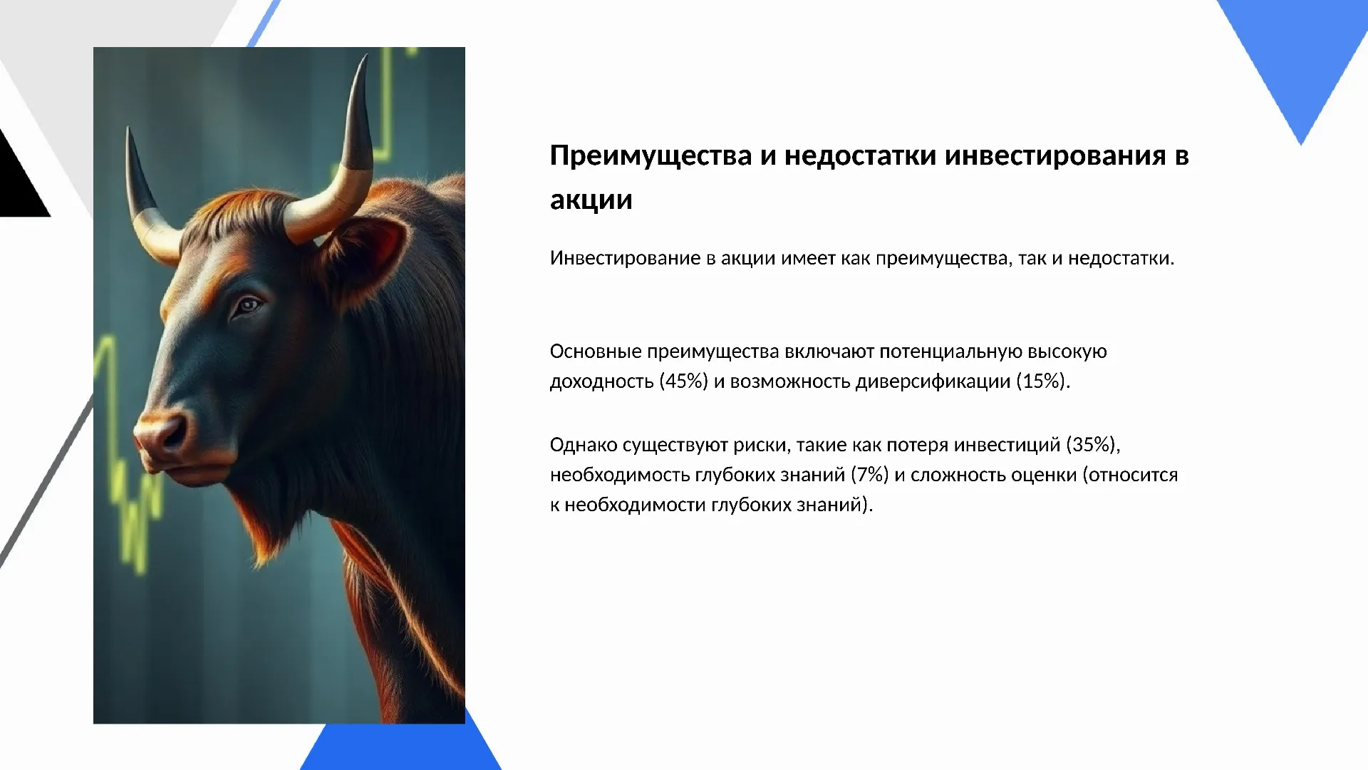 Преимущества и недостатки инвестирования в акции - слайд для презентации на тему 