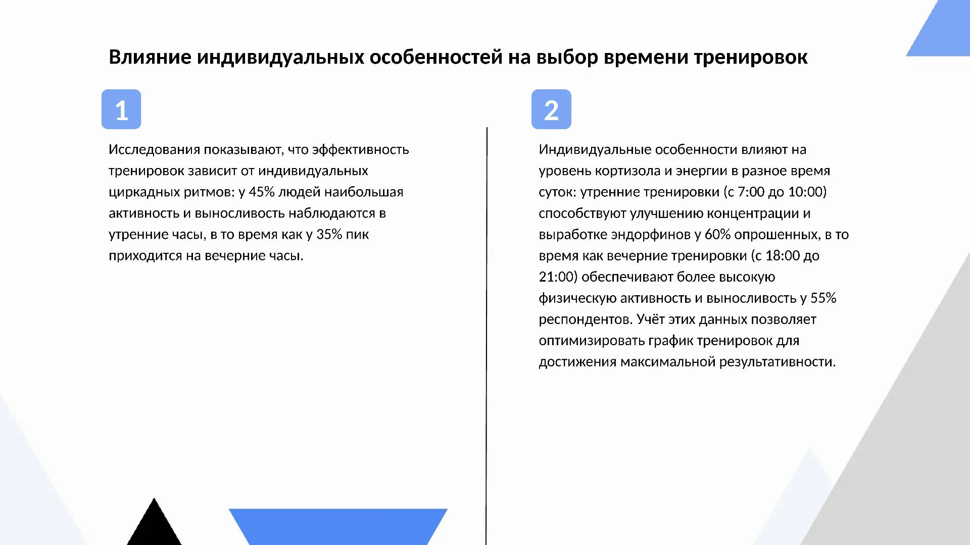 Влияние индивидуальных особенностей на выбор времени тренировок - слайд для презентации на тему 