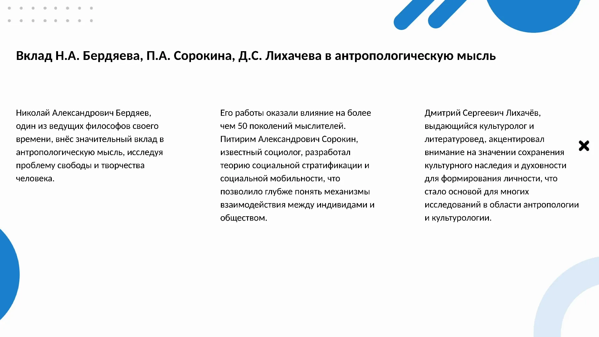 Вклад Н.А. Бердяева, П.А. Сорокина, Д.С. Лихачева в антропологическую мысль - слайд для презентации на тему 