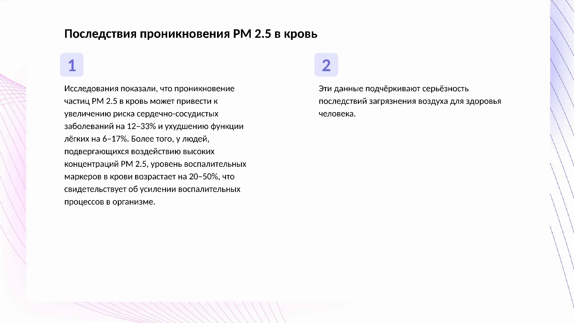 Последствия проникновения PM 2.5 в кровь - слайд для презентации на тему 